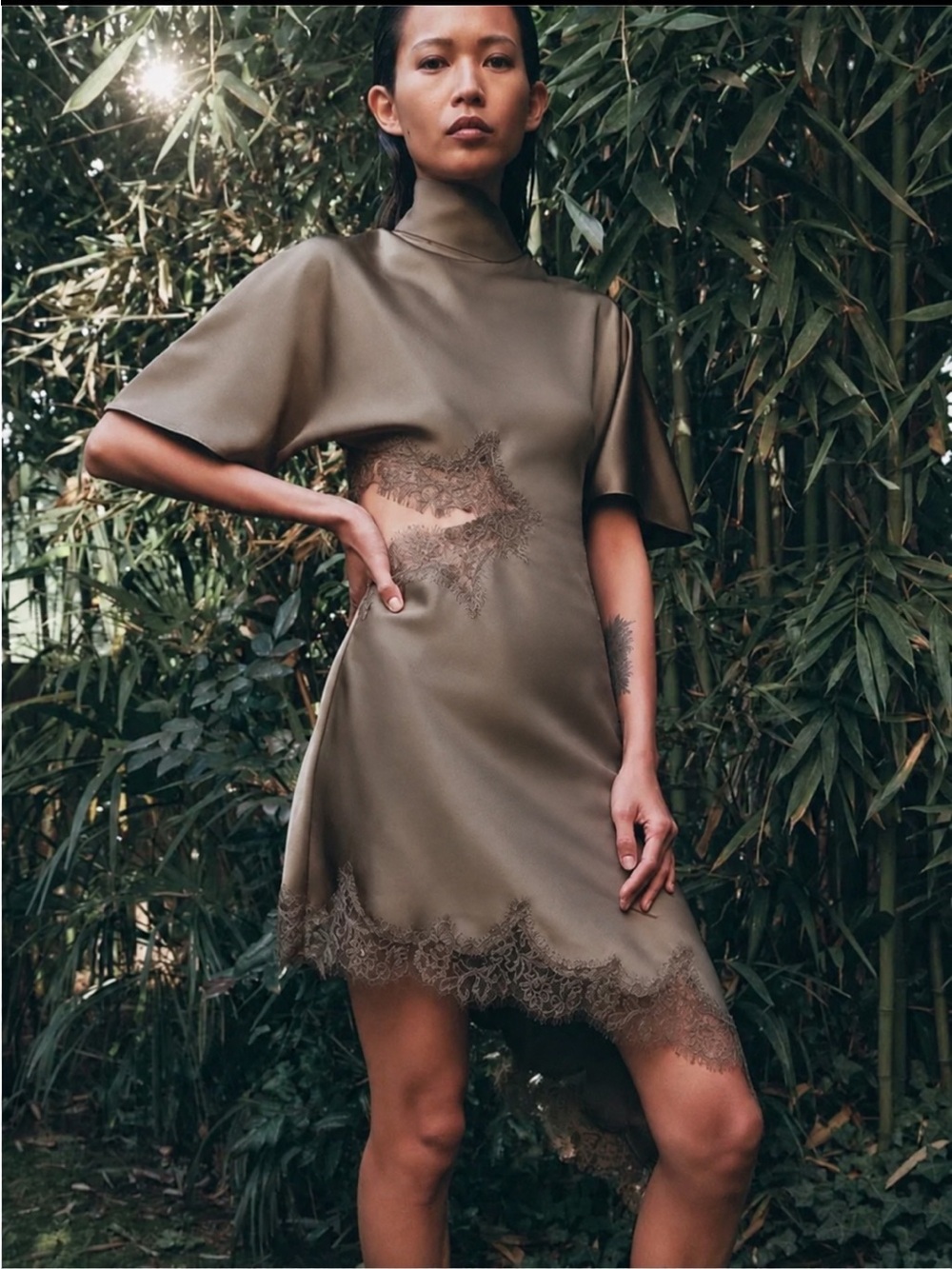 ZARA ZW Viral Satin Lace Asymmetric Dress Mink NWT No Scarf